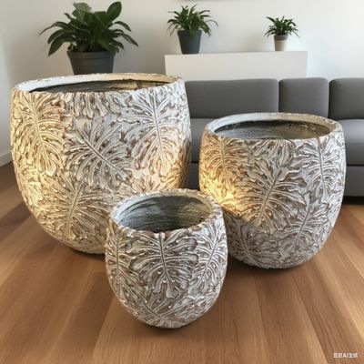 खरीदें मॉन्स्टेरा लीफ डिज़ाइन पैटर्न ग्रे राउंड जीआरसी पॉट रूफटॉप गार्डन लैंडस्केपिंग प्रोजेक्ट online manufacture